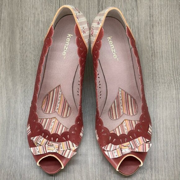 Kenzie Shoes Womens 9M Harvest Laser-Cut Peep Toe High Heel Pumps Leather Red - Picture 6 of 12